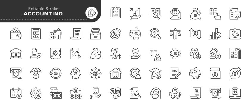 Accounting line icon set. Accountant, financial calculation,audit and analysis, risk, savings, income, expenses, assets. Outline vector icon in linear style. Conceptual pictogram collection.