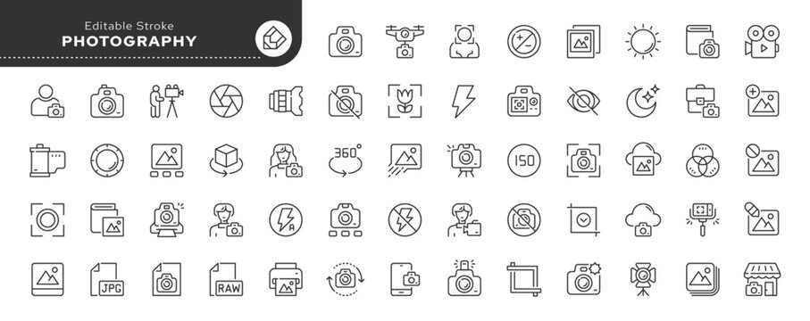 Photography, camera and photo line icon set. Outline vector icon in linear style. Conceptual pictogram collection.	