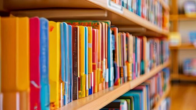 Colorful books aligned on shelf in library