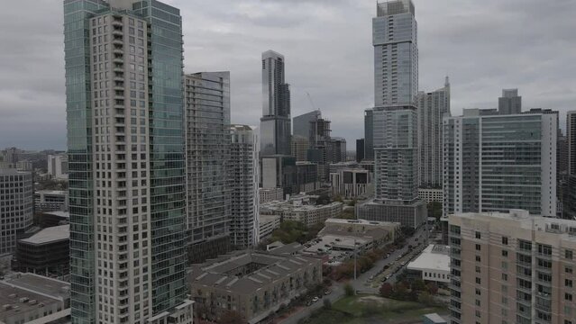 Aerial footage of Austin city downtown skyline on a cloudy day in Texas