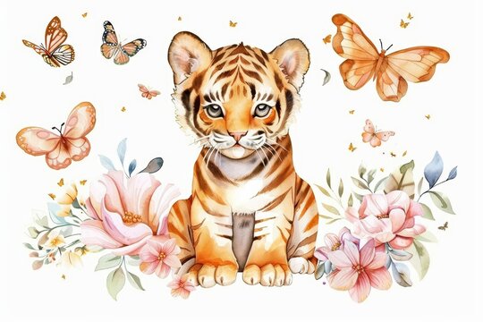 A watercolor clipart of a cute tiger cub sitting on a white background, surrounded by playful elements like butterflies and flowers, with soft pastel colors