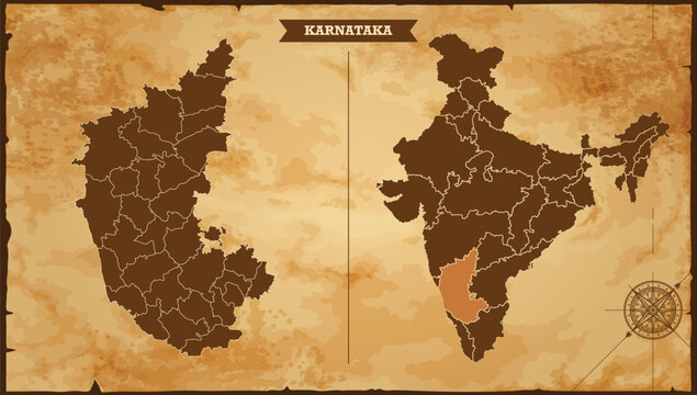 Karnataka state map, India map with federal states in A vintage map based background, Political India Map