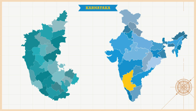 A Map highlighting Karnataka in the India Map, Karnataka and India modern map with Colorful Hi detailed Vector, geographical borders