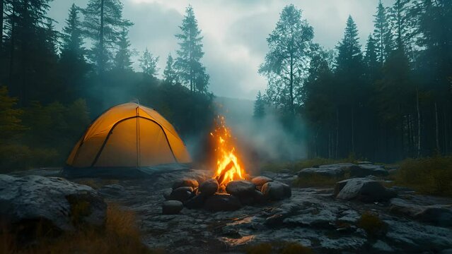 camping in the forest with tent and campfire. 