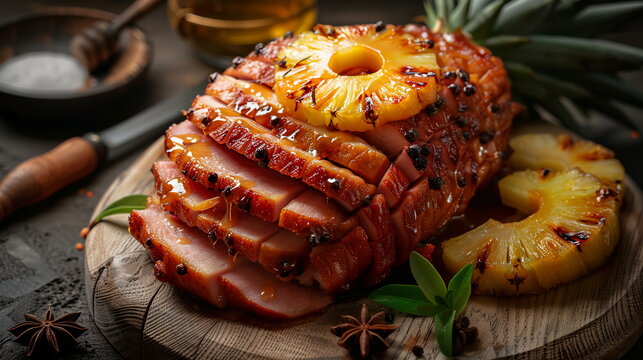 Honey mustard glazed baked ham with pineapple rings and cloves.