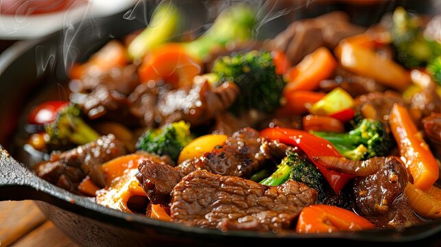 sizzling beef and broccoli stirfry with vibrant colors closeup food photography