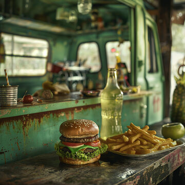 old food truck, with burgers, selective focus , food photo, restaurant serving, mouth-watering food, professional photography, rich colors, delicious photos, appetite