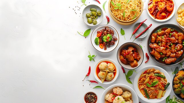 Delicious Chinese Cuisine Spread from Above on Clean White Background in Stunning 8K Resolution - Food Photography