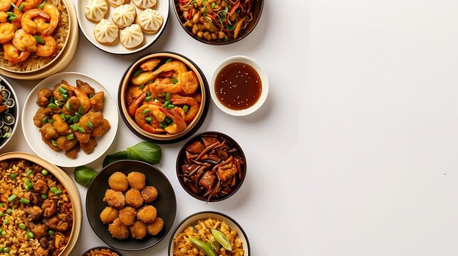 Authentic Chinese Food Platter from Above on Crisp White Background in High Definition 8K Resolution