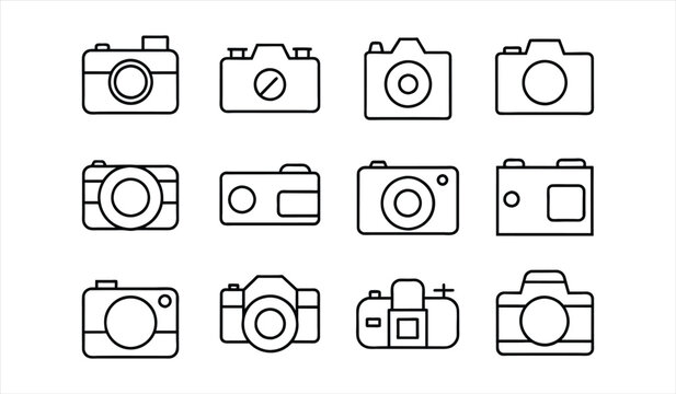 set of icons of camera. editable stroke outline icons set. vector illustration.