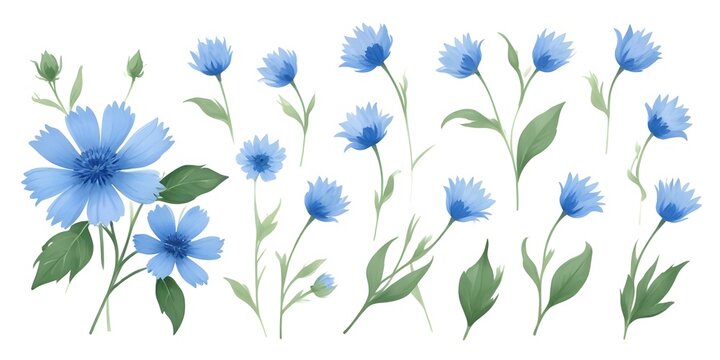 Set of blossom and leaf elements of watercolor blue hydrangea bouquet and butterfly. Ai generate