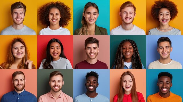 Set of smiling teens photo of various nationalities on color background