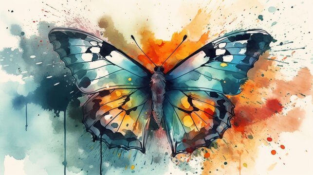 butterfly watercolor abstract art. butterflies abstract art.  Butterfly insect animal, rainbow vibrant colorsplash, watercolor style white background.