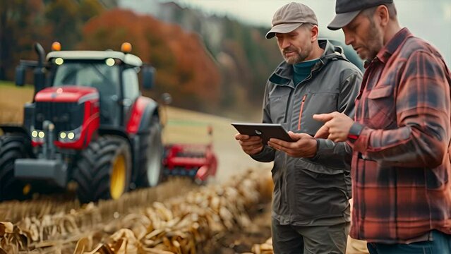 Engineer reviews farm field as tractor harvests, discussing a chart on a touchscreen tablet with a worker.generative ai