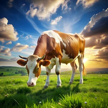 photorealistic view of cow grazing outdoors