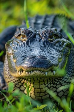 Close-up shot of an alligator in the grass, perfect for nature-themed projects