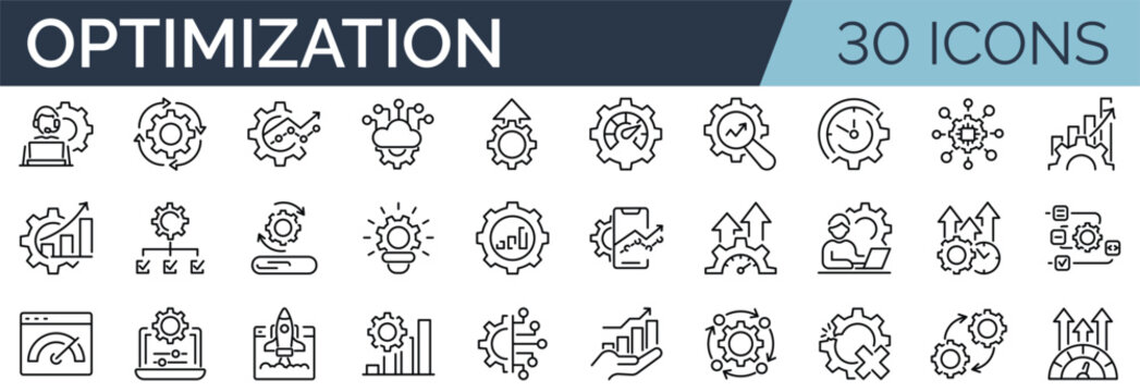 Set of 30 outline icons related to optimization. Linear icon collection. Editable stroke. Vector illustration