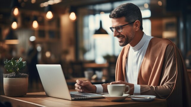 An image of a man focused on working with his laptop at a table in a warm, inviting cafe atmosphere