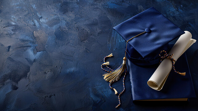 blue graduation cap or hat with degree paper , on blue card wallpaper, convocation concept , degree  , invitation card