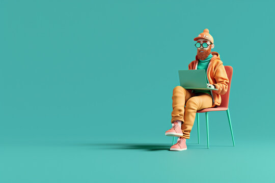 Vector image of hipster man working on laptop on turquoise background. Man in glasses working remotely. Education. .