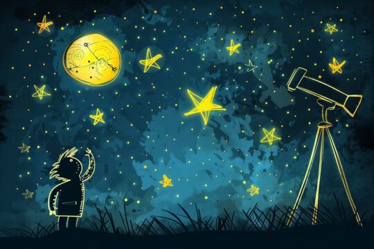 Cartoon cute doodles of a stickman stargazing with a telescope and a starry sky, Generative AI