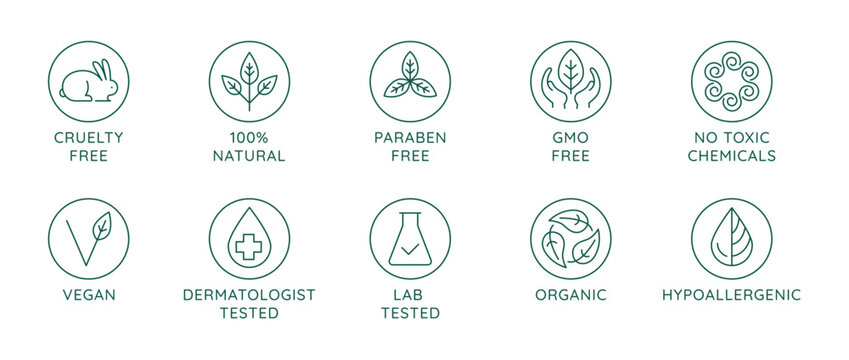 Vector set of design elements, logo design template, icons and badges for natural and organic cosmetics in trendy linear style - cruelty free, organic product, sustainable development