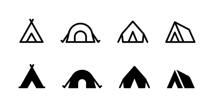 Camping tent icon set. Hiking camp vector illustration. Campground symbol. Shelter sign.