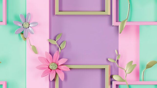 Flowering frames flat design front view artistic theme 3D render Split-complementary color scheme . Seamless Pattern, Fabric Pattern.