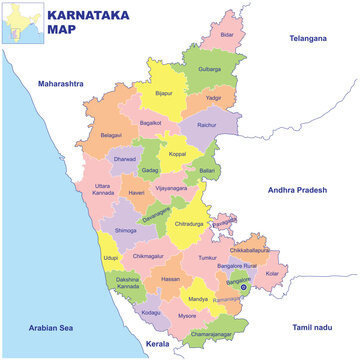 Detailed vector Illustration of Karnataka map District map with neighbour