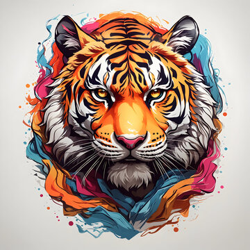 Hand drawn a tiger head mascot logo with colorful style for t-shirt design