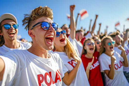 Polish football soccer fans in a stadium supporting the national team, Bialo-czerwoni
