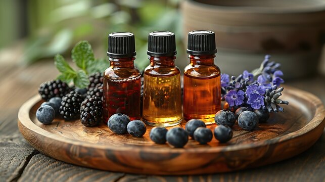 on wooden table bottles of essential oils or infusions of medicinal herbs and berries alternative health care.stock photo