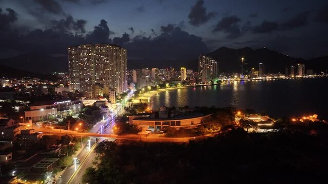 Drone footage of a corner of Nha Trang city at night