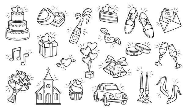 Collection of wedding items. Simple linear hand drawn doodle illustrations