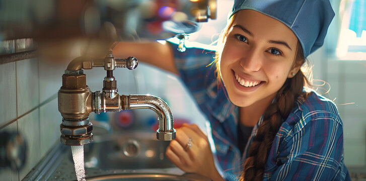 Smiling female plumber working on sink, portrait of smiling young woman repairer in uniform fixing water tap at home bathroom , closeup shot . Water" stock photo contest winner artwork, professional p