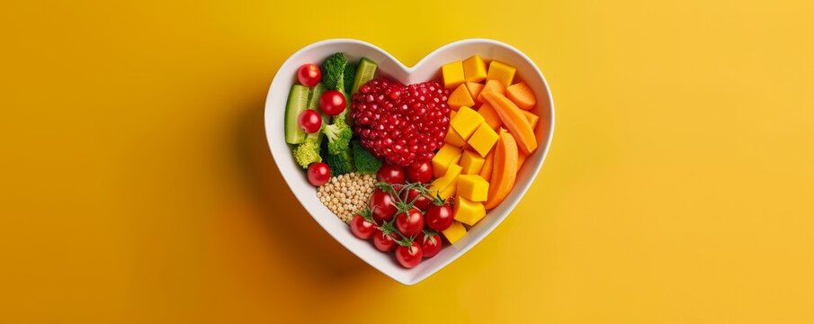 A bowl in the shape of a heart filled with nutritious diet foods, featuring fresh fruits, vegetables, whole grains, vivid background, minimalist, photo realistic