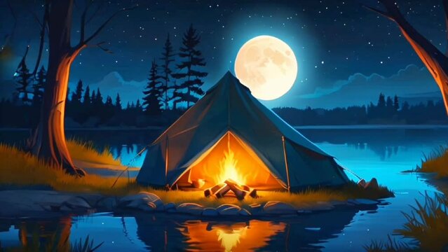 camping tent by the lake with a burning campfire and a full moon shining through the night. digital painting or cartoon style