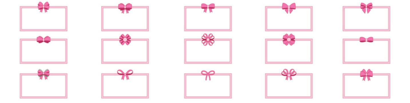 pink girly frame border cartoon bow set. Bow for hair decor present, invitation, flat. Trendy girls accessories. Gift Bows. Good for valentine's day, wedding and mother's day	