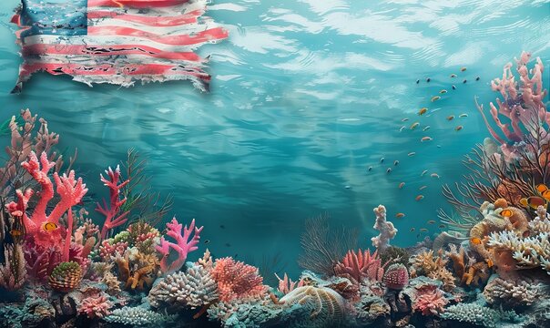 Design a flag featuring a coral reef, realistic photo