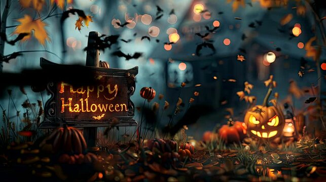 Halloween Home decorations with two Bat and Halloween tree and Pumpkin in the night. Seamless looping time-lapse virtual 4k video animation background