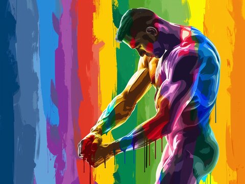 Colorful LGBT pride month banner Muscle male flat character painting rainbow to represent LGBT rights and movements background