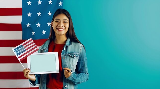 Studying abroad online Happy Indian teen female student showing tablet pc with empty screen holding American flag receiving education or working in United States on web blue background : Generative AI