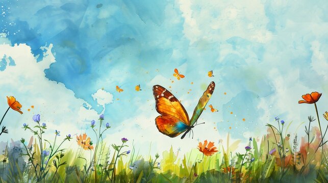 Artistic watercolor painting drawing of beautiful butterfly flying over flower fields