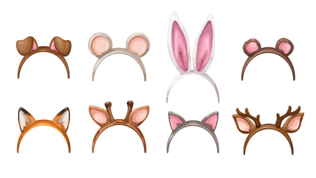 Cute headband set with cartoon ears and antlers of animals. Funny retro photo booth props collection with ears of baby deer and white rabbit, dog and fox, bear and mouse cartoon vector illustration