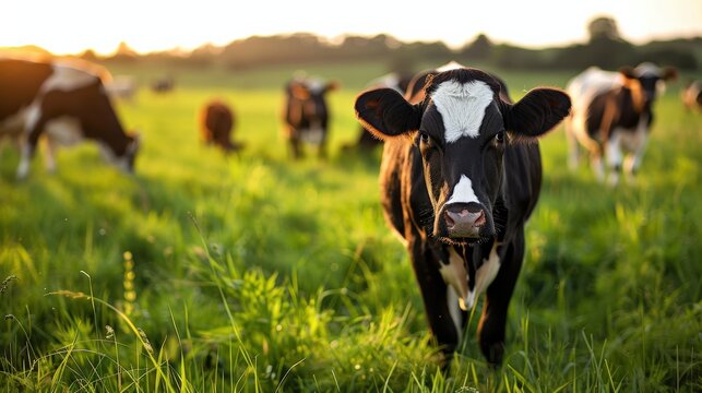 A cow is standing in a field with other cows