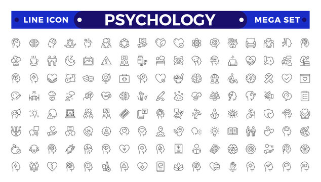 Psychology and mental line icons collection. Big UI icon set in a flat design.Set of positive thinking icon. It contains self-care, optimism, love, a healthy lifestyle, and happiness Outline icon set.