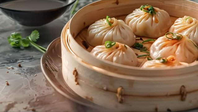 Chinese Soup Dumplings in Traditional Bamboo Steamer: A Stock Photo. Concept Food Photography, Chinese Cuisine, Bamboo Steamer, Traditional Cooking, Dim Sum