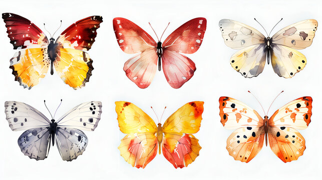 set of butterflies on white, water color style