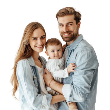 happy american family with one baby standing together and smiling on transparency background PNG
