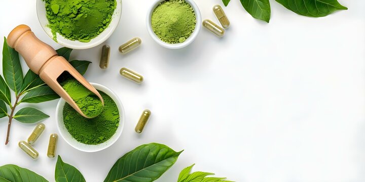 Mockup of kratom and matcha tea powder with leaves on a white background. Concept Photography, Mockup Design, Herbal Products, White Background, Natural Ingredients